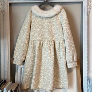Janie and jack brocade gold and cream fur trim dress